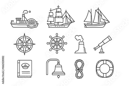 Historical Maritime Icons. Line style icons of historical maritime transport: paddle steamer boat, tall sailing ship, old cargo