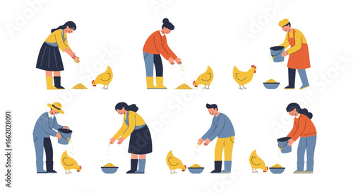 Diverse farmers feeding chickens on the farm in a flat vector illustration