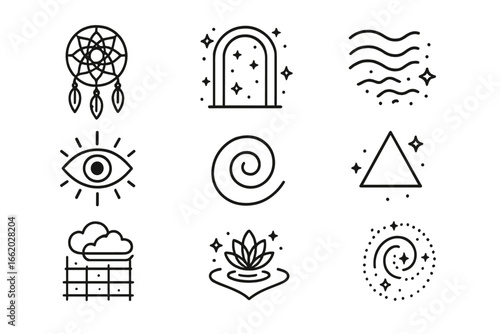 Sacred Line Style Icons. Line style icons of dream and sacred imagery: dreamcatcher circle, astral gate, symbol mist icon, eye of