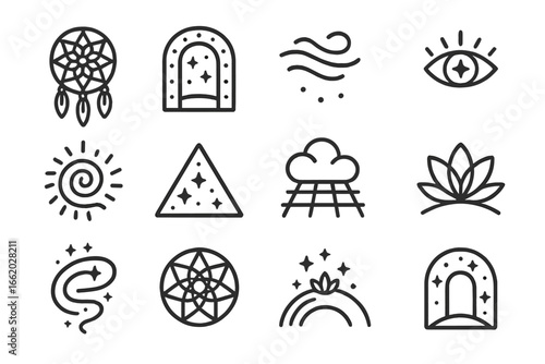 Sacred Line Style Icons. Line style icons of dream and sacred imagery: dreamcatcher circle, astral gate, symbol mist icon, eye of
