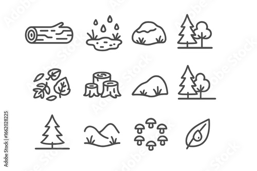 Mushroom Habitat Icons. Line style icons of mushroom habitat clues: fallen tree log, moist soil patch, moss-covered rock, shaded