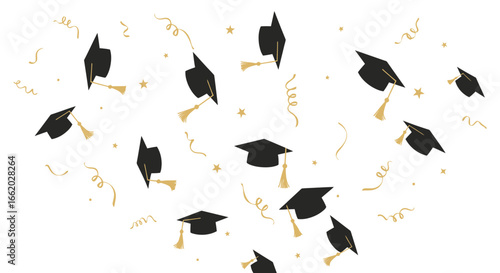 Graduation celebration background with confetti, academic caps, and festive