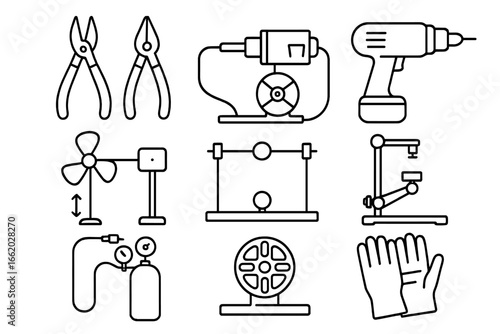 Kinetic Art Tools. Line style icons of kinetic art studio tools: pliers and wire cutter, soldering iron, motor assembly icon,