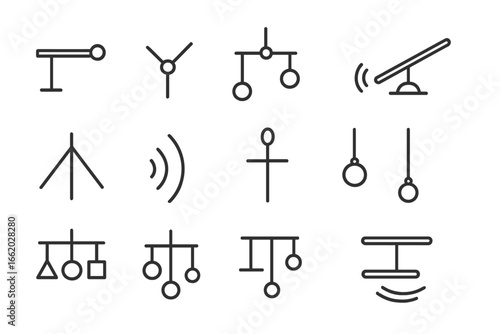Kinetic Mobile Icons. Line style icons of kinetic mobiles and balance: counterweight arm, pivot node, hanging rods, suspended