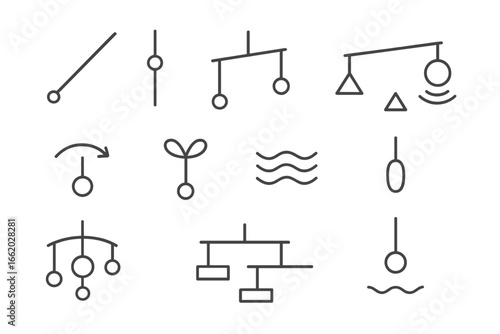 Kinetic Mobile Icons. Line style icons of kinetic mobiles and balance: counterweight arm, pivot node, hanging rods, suspended