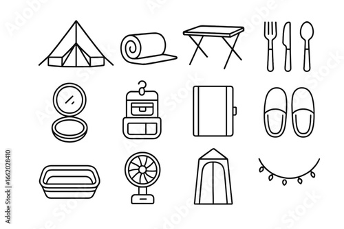Deluxe Camping Essentials Icons. Line style icons of deluxe camping gear: canvas bell tent, roll-up mattress, collapsible table,