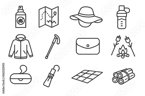 Glamping Icons Essentials. Line style icons of glamping outdoor essentials: bug repellent spray, trail map icon, sunhat, water