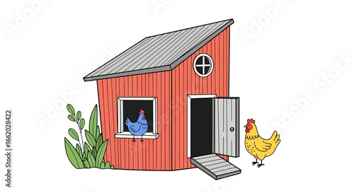 Whimsical chicken coop illustration with charming rustic details and farm life