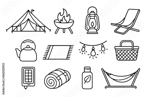 Glamping Essentials Icons. Line style icons of glamping essentials: luxury tent icon, portable fire pit, outdoor lantern, foldable