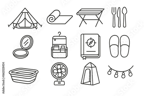 Deluxe Camping Essentials Icons. Line style icons of deluxe camping gear: canvas bell tent, roll-up mattress, collapsible table,