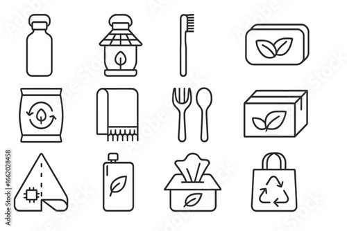 Eco Glamping Essentials Icons. Line style icons of eco glamping supplies: reusable water bottle, solar lantern, bamboo toothbrush,