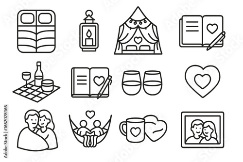 Romantic Glamping Icons. Line style icons of glamping for couples: double sleeping bag, candle lantern, romantic tent decor,