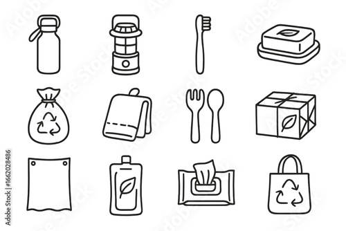 Eco Glamping Essentials Icons. Line style icons of eco glamping supplies: reusable water bottle, solar lantern, bamboo toothbrush,