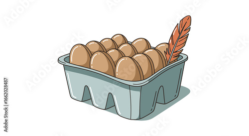 Illustration of a carton of fresh eggs with a feather indicating natural origin