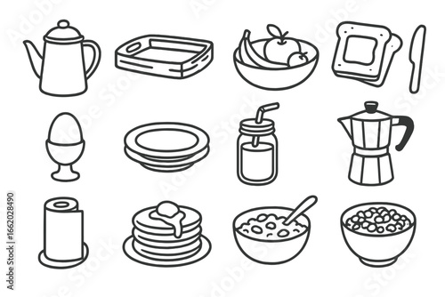 Glamping Breakfast Icons. Line style icons of glamping breakfast setup: enamel coffee pot, wooden tray icon, fruit bowl sketch,