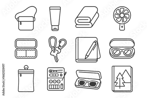 Glamping Essentials Icons. Line style icons of glamping day bag essentials: crossbody pouch, travel sunscreen, compact towel,