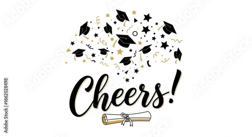 Festive graduation congratulations design with mortarboards and cheers greeting