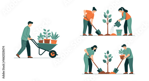 Diverse planting initiatives showcasing a team working with plants and
