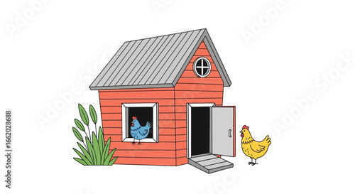 Stylized chicken coop scene with whimsical hen and blue chicken character