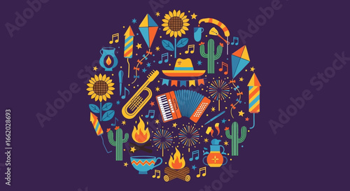 Colorful Festa Junina vector illustration with traditional elements in circle