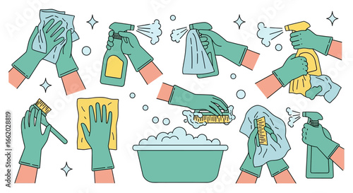 Cleaning Actions Illustrated with Gloved Hands and Supplies in Dynamic Poses