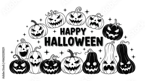 Spooky Halloween Pumpkins: A collection of grinning jack-o'-lanterns adorns a seasonal greeting, evoking the spirit of autumn with intricate carving and eerie expressions.
