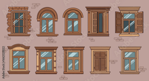 An array of antique wooden windows with varied designs showcasing construction