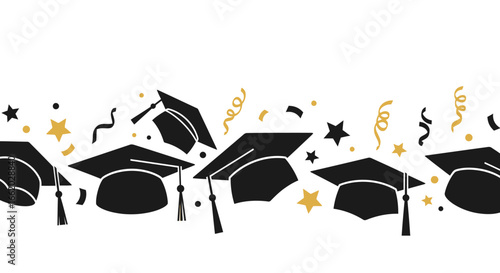 Festive graduation caps border with stars and confetti for celebratory design