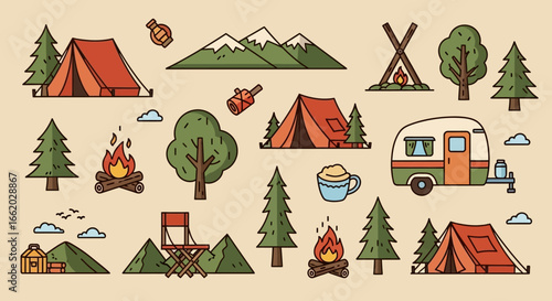 Delightful camping icons collection, outdoor adventure elements for nature