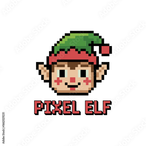 Pixel elf avatar, retro game style, green hat, merry winter theme, Christmas character icon, eight bit illustration, cute vector