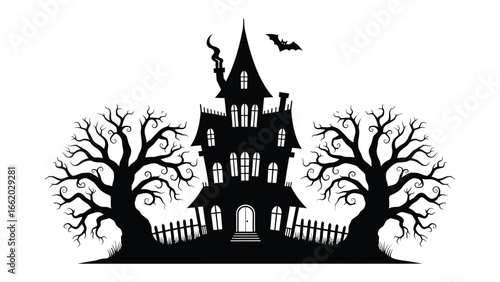 Spooky Halloween Scene: An illustrated silhouette of a haunted house is featured on a spooky night with flying bats, and dead trees in front. A perfect image for celebrating this event.
