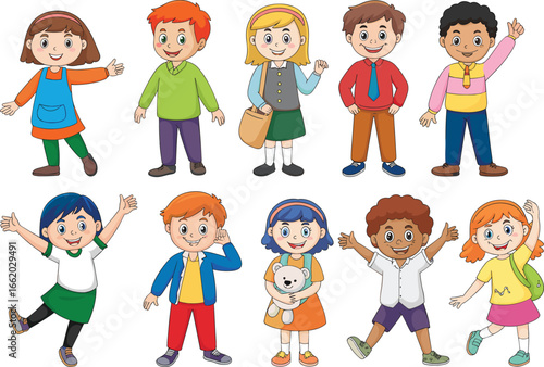 Black and white cartoon children illustration, school kids line art, educational coloring page, diverse students character design, vector drawing