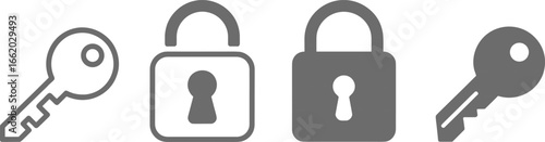 Lock and key icons, security symbols, padlock illustrations, safety design, locked unlocked icons, 
