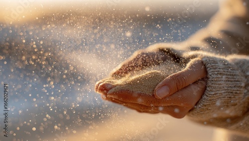 Golden sand slips through cupped hands, backlit by warm sunset light; particles drift in the air, creating a fleeting, ethereal moment