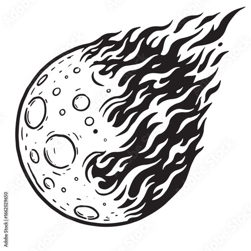 Black and white illustration of a fiery meteor or asteroid with impact craters