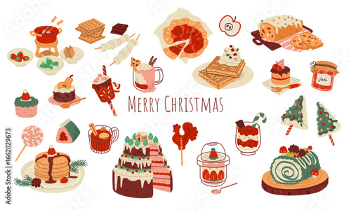 Christmas sweets set. Seasonal winter desserts with muffins, cookies, gingerbread, rolls, lollipop, cocoa cup vector design decorative elements. Holiday design for menu, recipe, clipart, banner