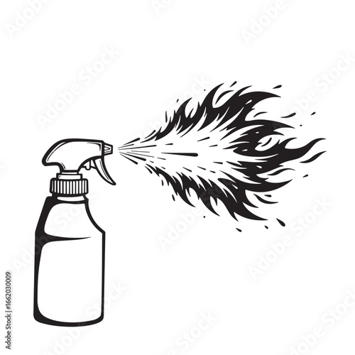 Black and white illustration of a spray bottle releasing a textured blast design