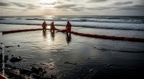 Workers deploying oil spill boom on polluted coastal area