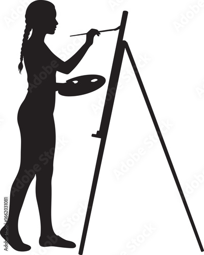 Cute artist girl painting on canvas silhouette vector