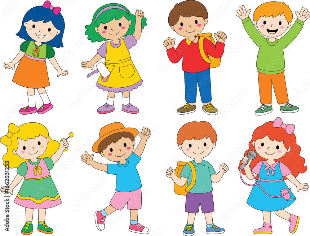 Coloring page of happy cartoon kids, black and white illustration with partial color, fun educational activity, diverse children drawing Coloring page of happy cartoon kids, black and white illustration with partial color, fun educational activity, diverse children drawing