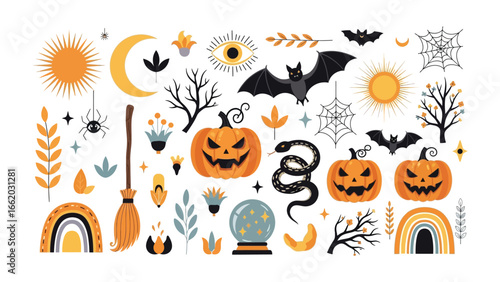 Spooky Halloween Collection: A visually striking compilation of Halloween-themed illustrations featuring pumpkins, bats, spiders, and more, offering a spectrum of design possibilities.