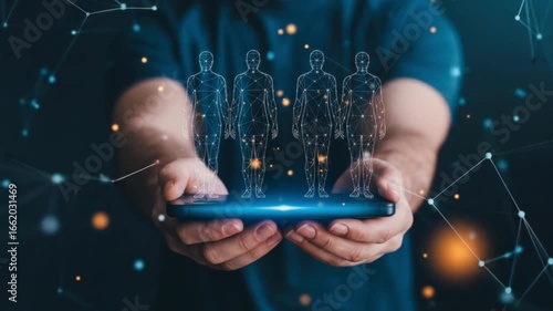 A person holds a smartphone projecting four holographic human avatars into a futuristic digital network