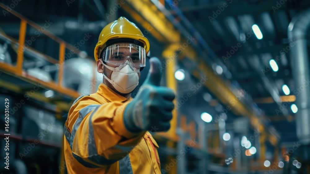 A construction worker wearing a hard hat and protective gear points at the camera, ready to inspect or document something