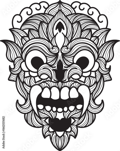 Intricate black and white line art illustration of a Balinese Barong mask, featuring detailed patterns and a fierce expression with prominent teeth.