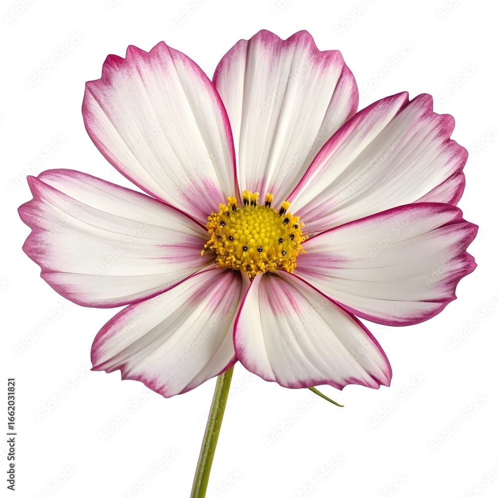 Picotee Cosmos Elegant and Delicate Bloom with White Petals Gracefully Edged in Vibrant Pink Shades on Pure White Background, Highlighting Freshness, Charm, and Natural Beauty Picotee Cosmos Elegant and Delicate Bloom with White Petals Gracefully Edged in Vibrant Pink Shades on Pure White Background, Highlighting Freshness, Charm, and Natural Beauty