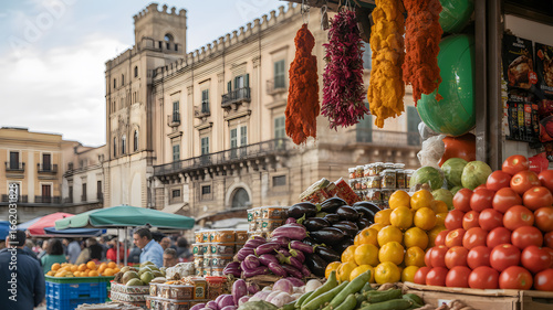 Fototapeta Naklejka Na Ścianę i Meble -  A bustling street market in Palermo, Sicily, features an array of colorful produce including tomatoes, eggplants, and citrus fruits arranged in piles.