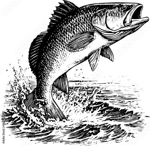 Red Vector Illustration of Jumping Red Drum Fish in Engraving Style