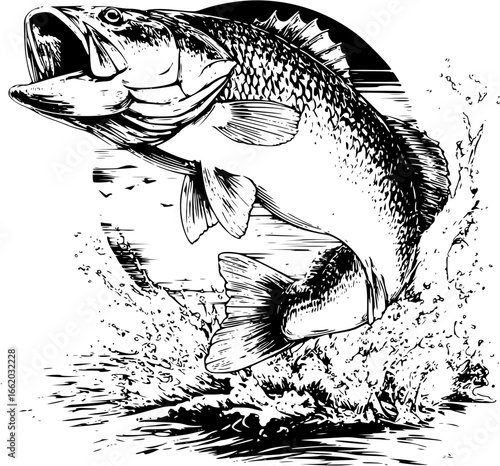Black and White Vector Illustration of Jumping Red Drum Fish with Splash and Circle Background