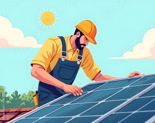 Solar energy worker inspects rooftop panels under sunlight