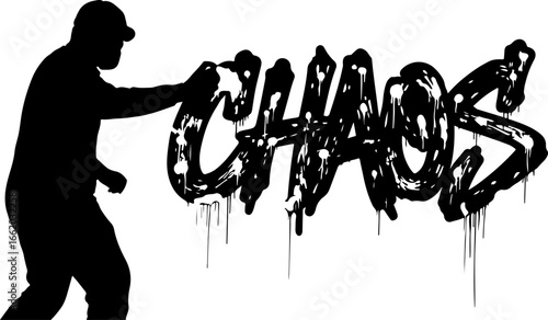 Chaos graffiti illustration with artist silhouette using spray paint urban art style